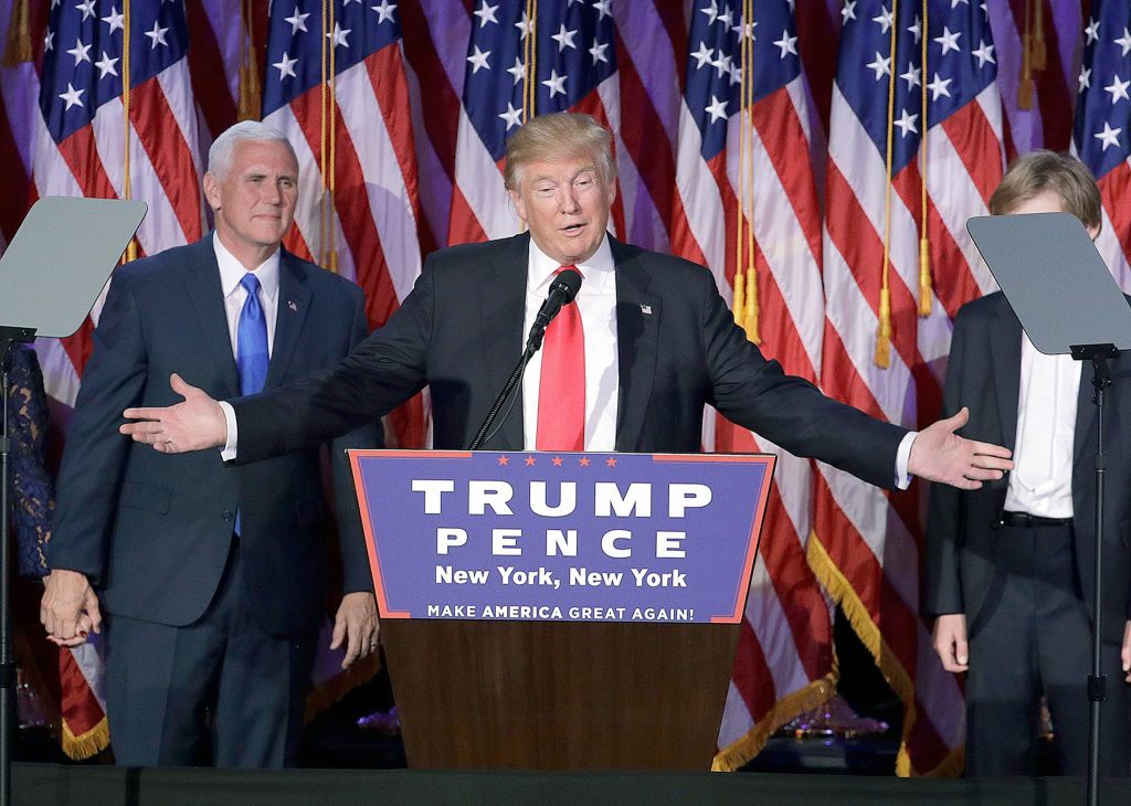 President-elect Donald Trump gives his acceptance speech during an election night rally early Wednesday. (AP Photo/John Locher)