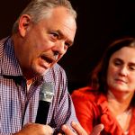 Jim Sporleder, former principal at Walla Walla&rsquo;s Lincoln High School, shows strong emotion while describing how engaging with troubled kids rather than expelling them led to a dramatic turnaround at the school. Everett&rsquo;s Sequoia High School Principal Kelly Shepherd (right) and others joined Sporleder in a panel discussion Tuesday night at the Historic Everett Theatre. The documentary &ldquo;Paper Tigers,&rdquo; filmed at Lincoln High School, was shown as part of the program. (Dan Bates / The Herald)
