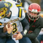 Burlington-Edison&rsquo;s Hunter Anderson is tackled by Archbishop Murphy&rsquo;s Luke Riojas Saturday afternoon at Terry Ennis Stadium on November 5, 2016. (Kevin Clark / The Herald)
