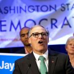 Gov. Jay Inslee speaks at an election night party for Democrats on Tuesday, Nov. 8, in Seattle. Inslee defeated Republican challenger Bill Bryant to win re-election. (AP Photo/Elaine Thompson)