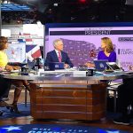 CBS News Contributor Bob Schieffer, from left, CBS This Morning co-host Gayle King, CBS Evening News anchor Scott Pelley, CBS This Morning co-host Norah O&rsquo;Donnell, Face the Nation anchor John Dickerson and CBS This Morning co-host Charlie Rose host 2016 election night coverage Nov. 8 at the CBS Broadcast Center in New York. (Michele Crowe/CBS via AP)