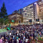 Protesters gather in Pioneer Courthouse Square in Portland, the third night of protests over the results of the 2016 U.S. presidential election, Thursday, Nov. 10. (Mark Graves/The Oregonian/OregonLive.com via AP)