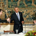 President Barack Obama toasts with Greek President Prokopis Pavlopoulos (right) and Greek Prime Minister Alexis Tsipras (left) during the start of a State Dinner at the Presidential Mansion on Tuesday, Nov. 15. (AP Photo/Pablo Martinez Monsivais)