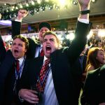 Supporters of Republican presidential candidate Donald Trump cheer as they watch election returns during an election night rally, Tuesday, Nov. 8, in New York. (AP Photo/ Evan Vucci)