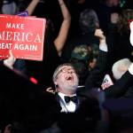 Supporters of Republican presidential candidate Donald Trump react as they watch the election results during Trump&rsquo;s election night rally Tuesday, Nov. 8, in New York. (AP Photo/John Locher)