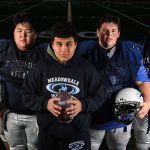Meadowdale&rsquo;s starting offensive line Alex Maxwell, (L-R) Eric Lee, Thomas Cheeney, Brendan Diaz and Bryce Chapman never played their assigned positions before this year. The starting five have be crucial to the Maverick&rsquo;s success as they prepare for their 3A state semifinal. (Kevin Clark / The Herald)