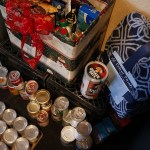 Donations for the local food bank pile up during a Thanksgiving feast at The Hawks Nest in Darrington on Thursday, Nov. 24. (Ian Terry / The Herald)