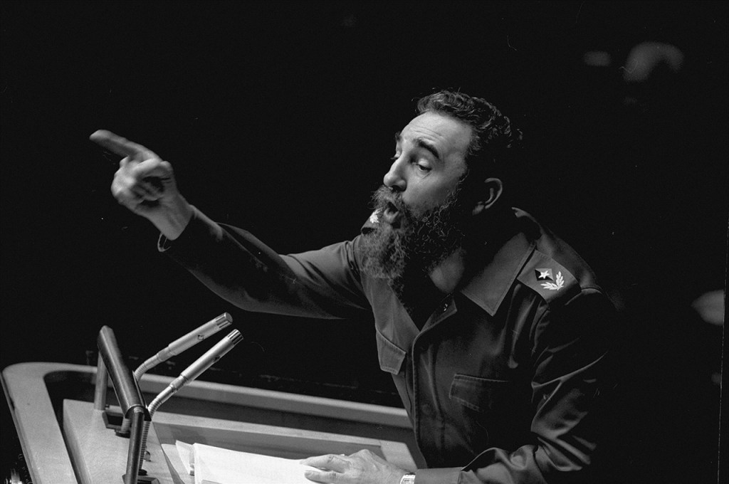 Oct. 12, 1979: Cuban President Fidel Castro points during his lengthy speech before the United Nations General Assembly in New York. (AP Photo/Marty Lederhandler, File)