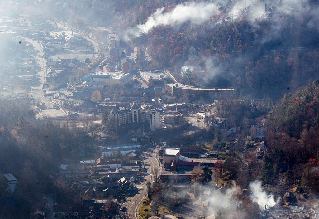 Burned structures are seen from aboard a National Guard helicopter near Gatlinburg, Tennessee, on Tuesday, Nov. 29. (AP Photo/Erik Schelzig)