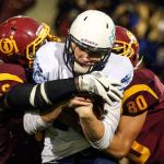 O&rsquo;Dea&rsquo;s Doug Russell (left) and Wayne Johnson converge to sack Meadowdale&rsquo;s Drew Tingstad during a 3A state semifinal game Saturday at Pop Keeney Stadium in Bothell. O&rsquo;Dea won 35-9. (Kevin Clark / The Herald)