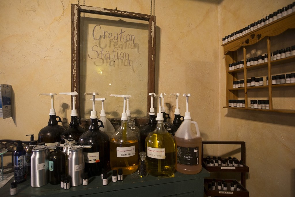 A corner at Moddejongeճ Herbals in Everett is devoted to allowing customers to custom mix their own creations. (Ian Terry / The Herald)