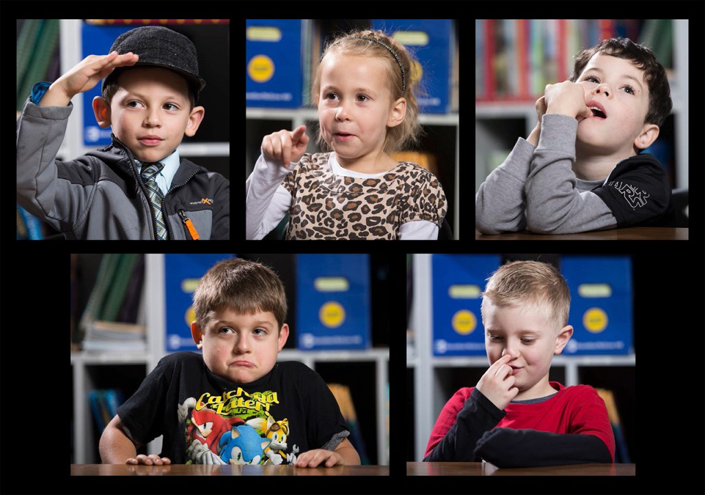 Students from Snohomish&rsquo;s Cascade View Elementary School, top row, from left: Mylan Williams, Paityn Skouras and Tanner Herman. Bottom row, from left: Emmitt Burpee and Jayden Davis. (Andy Bronson / The Herald)