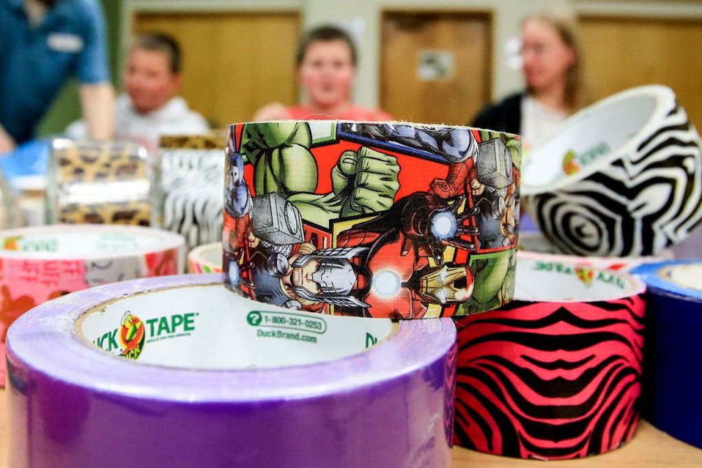 Rolls of duct tape await tweens ready to make wallets at Stanwood Library on Oct. 28. (Kevin Clark / The Herald)