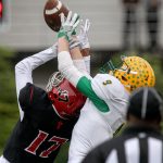 Archbishop Murphy&rsquo;s Dillon Singh Halpin breaks up a pass intended for Lynden&rsquo;s Landon DeBruin during a 2A state semifinal game Saturday afternoon at Everett Memorial Stadium. The Wildcats won 52-14. (Kevin Clark / The Herald)