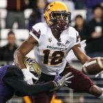 Arizona State&rsquo;s Tim White attempts a catch with Washington defensive back Brandon Beaver defending Saturday at Husky Stadium in Seattle. (Kevin Clark / The Herald)