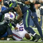 Bills quarterback Tyrod Taylor crosses the goal line for a two-point conversion during the Seahawks 31-25 victory over Buffalo on Monday night in Seattle. (Kevin Clark / The Herald)