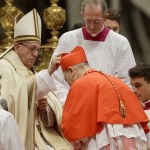 Gregorio Borgia / Associated Press                                New Cardinal Mario Zenari, Apostolic Nuncio in Syria, receives the red three-cornered biretta hat during a consistory inside the St. Peter&rsquo;s Basilica at the Vatican on Saturday.