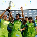 David Zalubowski / Associated Press                                From left, Seattle players Osvaldo Alonso, Roman Torres and Nicolas Lodeiro celebrate after being awarded the trophy for defeating Colorado in the MLS Western Conference finals Sunday in Commerce City, Colorado.                                From left, Seattle Sounders midfielder Osvaldo Alonso, defender Roman Torres and midfielder Nicolas Lodeiro celebrate with teammates after being awarded the trophy for defeating Colorado in the second half of the second leg of the MLS Western Conference soccer finals on Sunday in Commerce City, Colorado. (AP Photo/David Zalubowski)