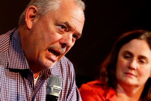 Jim Sporleder, former principal at Walla Walla&rsquo;s Lincoln High School, shows strong emotion while describing how engaging with troubled kids rather than expelling them led to a dramatic turnaround at the school. Everett&rsquo;s Sequoia High School Principal Kelly Shepherd (right) and others joined Sporleder in a panel discussion Tuesday night at the Historic Everett Theatre. The documentary &ldquo;Paper Tigers,&rdquo; filmed at Lincoln High School, was shown as part of the program. (Dan Bates / The Herald)