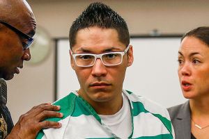 With public defender, Whitney Rivera at right, convicted first-degree murderer, Charles Courtney (facing) is removed from the courtroom Wednesday morning by a Snohomish County Deputy following sentencing for the shooting of 16-year-old Anthony Boro. Courtney didn&rsquo;t know the victim, and bragged about having made his first confirmed kill, according to deputy prosecutor Jarett Goodkin (far right). He shot the boy in the back as he was runnning away. (Dan Bates / The Herald)