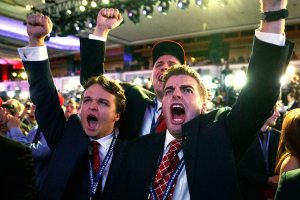 Supporters of Republican presidential candidate Donald Trump cheer as they watch election returns during an election night rally, Tuesday, Nov. 8, 2016, in New York. (AP Photo/ Evan Vucci)
