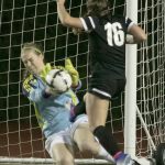 Jackson&rsquo;s Kayleigh Sedlacek blocks a shot attempt by Kamiak&rsquo;s Kailin Wiley during a game Nov. 3 at Everett Memorial Stadium. Both players were named to the All-Wesco 4A first team. (Kevin Clark / The Herald)