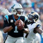 Panthers quarterback Cam Newton is sacked by Rams defensive end Eugene Sims during the first half of a game Nov. 6 in Los Angeles. (AP Photo/Ryan Kang)