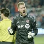 Toronto FC goalkeeper Clint Irwin (1) reacts after saving a Seattle penalty kick during the the MLS Cup on Saturday in Toronto. Irwin was the first pick in the MLS Expansion Draft on Tuesday, but was eventually traded back to Toronto. (Nathan Denette/The Canadian Press via AP)