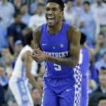 Kentucky&rsquo;s Malik Monk celebrates during the second half of the Wildcats&rsquo; 103-100 win over North Carolina on Saturday in Las Vegas. Monk, a freshman, scored 47 points for Kentucky, including a 3-pointer with 16 seconds left that proved to be the game-winning shot. (AP Photo/John Locher)