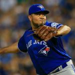 In this photo from Aug. 5, 2016, Toronto Blue Jays relief pitcher Joaquin Benoit throws during a baseball game against the Kansas City Royals at Kauffman Stadium in Kansas City, Missouri. (AP Photo/Orlin Wagner, File)