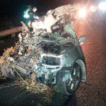 The front end of a sedan involved in a crash with a semi-truck near Lake Stevens on Highway 92 was badly damaged. One person died in the Thursday afternoon collision. (Photo courtesy of Washington State Patrol)