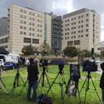A large gathering of media personnel camp outside the Ronald Reagan UCLA Medical Center in Los Angeles, on Friday, Dec. 23, where TMZ and the Los Angeles Times reported actress Carrie Fisher had been taken after suffering a medical emergency on a flight from London to Los Angeles. (AP Photo/Rick Taber)
