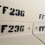 FF stands for &ldquo;Forward Fuselage.&rdquo; These are an example of the hundreds of panel-access codes that appear all over the skin of the F-105G Thunderchief. (Flying Heritage College)