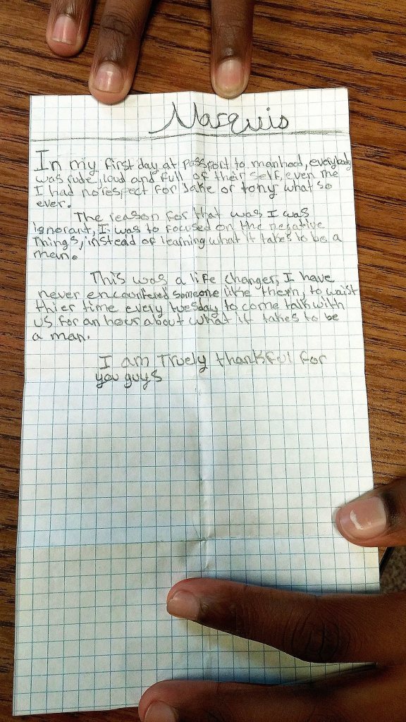 Marquirus Jennings, a student at Voyager Middle School, prepared a speech about manhood that he gave Tuesday in front of his peers. (Rikki King / The Herald)