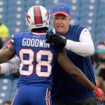 Buffalo Bills wide receiver Marquise Goodwin (88) hugs Head Coach Rex Ryan before an NFL football game Saturday, Dec. 24, in Orchard Park, New York. (AP Photo/Adrian Kraus)