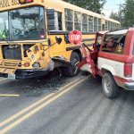 A driver is accused of hitting a school bus and then taking off near Marysville on Thursday afternoon. No children were injured. (Snohomish County Sheriff&rsquo;s Office)