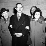 In this March 8, 1951 photo, from left, are Harry McCabe, Deputy U.S. Marshal; Julius Rosenberg and wife, Eithel Rosenberg; and Anthony H. Pavone, Deputy U.S. Marshal in New York. Julius Rosenberg, 33-year old electrical engineer from New York City and his wife were on trial on charges of conspiracy to commit espionage during World War II, involving U.S. atomic secrets. The sons of convicted spy Ethel Rosenberg are asking President Barack Obama to exonerate their mother. Michael and Robert Meeropol were presenting a letter at the White House on Thursday, citing unsealed court records they say cast doubt on their mother&rsquo;s guilt. (AP Photo)