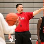 Mike Trautman runs a practice at the Walt Price Student Fitness Center in Everett Thursday night on December 8, 2016. Trautman is the new men&rsquo;s basketball coach at Everett Community College. (Kevin Clark / The Herald)
