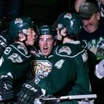 The Silvertips&rsquo; Jake Christiansen (left), Devon Skoleski (center) and Ian Walker celebrate Christiansen&rsquo;s goal in the first period of a game against the Americans on Wednesday. (Kevin Clark / The Herald)