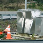 The cabinet that controls streetlights over the U.S. 2-Bickford Avenue interchange in Snohomish was recently hit for a second time this year. Washington State Department of Transportation crews plan to install guardrails before replacing the cabinet again. (Herald photo)