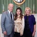 U.S. Vice President Joe Biden, Edmonds Community College Board of Trustees member Emily Yim, and Second Lady Jill Biden pose for a photo at the White House Community College Convening on Oct. 26 in Washington, D.C. Yim is chair-elect for the national Association of Community College Trustees Board. (Contributed photo)