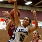 Stanwood&rsquo;s Madison Chisman (rear) and Kamiak&rsquo;s Tasia Opstrup vie for the ball during the Mountlake Terrace Holiday Tournament Friday night at Mountlake Terrace High School. (Kevin Clark / The Herald)
