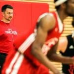 Mike Trautman runs a practice at the Walt Price Student Fitness Center in Everett Thursday night on December 8, 2016. Trautman is the new men&rsquo;s basketball coach at Everett Community College. (Kevin Clark / The Herald)