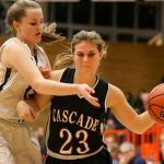 Cascade&rsquo;s Jessica Welch controls the ball with Everett&rsquo;s Brooklyn Johnson defending during the annual Battle of Broadway Friday night at Everett Community College on December 2, 2016. (Kevin Clark / The Herald)