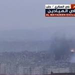 This frame grab from video provided by the Beirut-based pan-Arab satellite channel Al Mayadeen, which is close to the Syrian government, broadcast on Wednesday, Dec. 14, shows explosions followed by plumes of smoke, in East Aleppo, Syria. (Al Mayadeen TV, via AP)