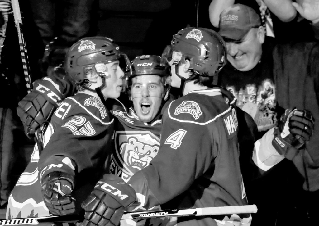 Kevin Clark / The Herald                                The Silvertips&rsquo; Jake Christiansen (left), Devon Skoleski (center) and Ian Walker celebrate Christiansen&rsquo;s goal in the first period of a game against the Americans on Wednesday.