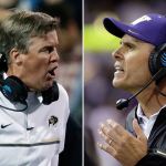 Colorado football coach Mike MacIntyre (left) and Washington head coach Chris Petersen (right) face off Friday in the Pac-12 championship game in Santa Clara, California. (AP Photo/File)