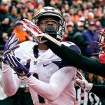 Washington wide receiver John Ross makes a touchdown catch over Washington State&rsquo;s Darrien Molton during the Apple Cup on Nov. 25. Ross has 16 touchdown receptions this season. (Kevin Clark / The Herald)