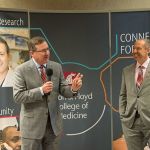 Washington State University president Kirk Schulz talks at an event in Everett a month ago while the college&rsquo;s medical school dean, John Tomkowiak, watches. (Contributed photo)