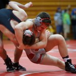 Stanwood&rsquo;s Riley Van Scoy (right) takes down Bethel&rsquo;s Quincy Osterlund on the way to winning the 145-pound weight class of the Marysville Pilchuck Premier Wrestling Tournament in Marysville on Saturday, Jan. 14. (Ian Terry / The Herald)